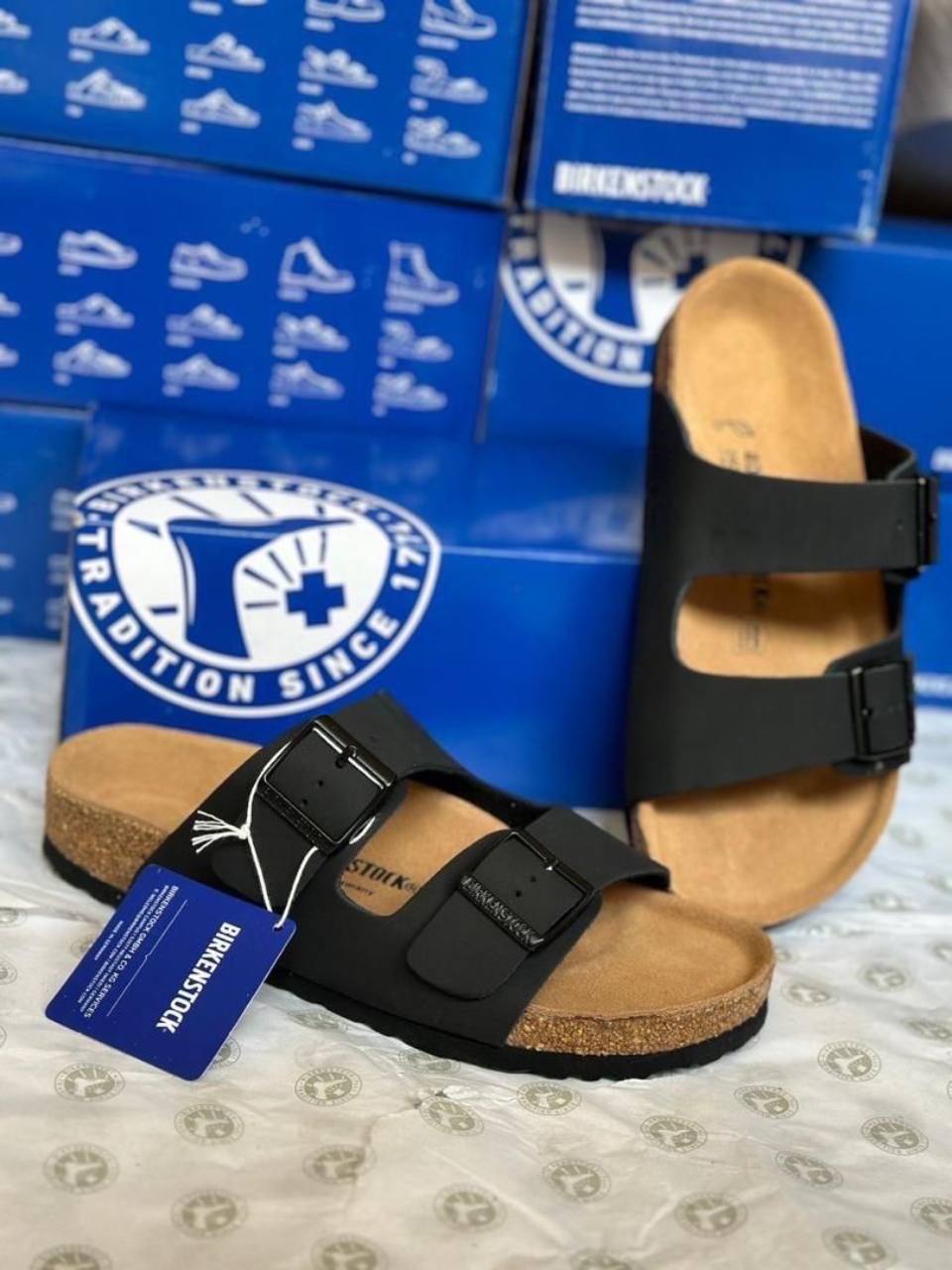 Black double-strap slides available at The Boss Look