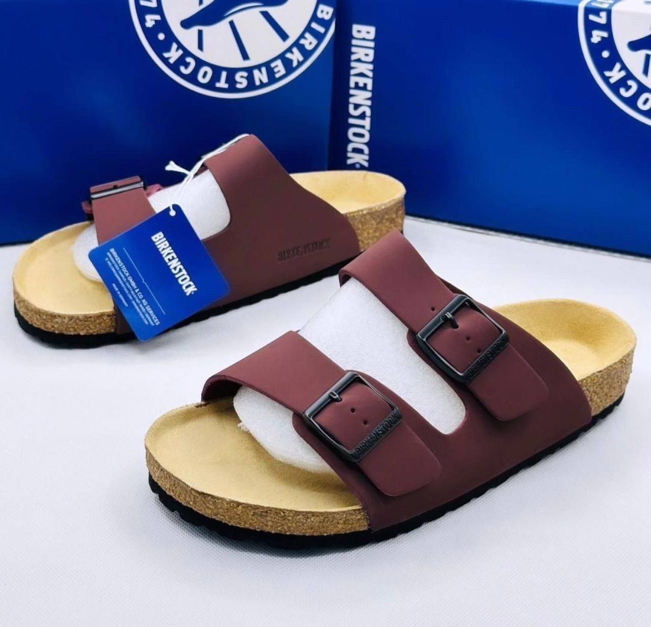 Burgundy double-strap slides available at The Boss Look