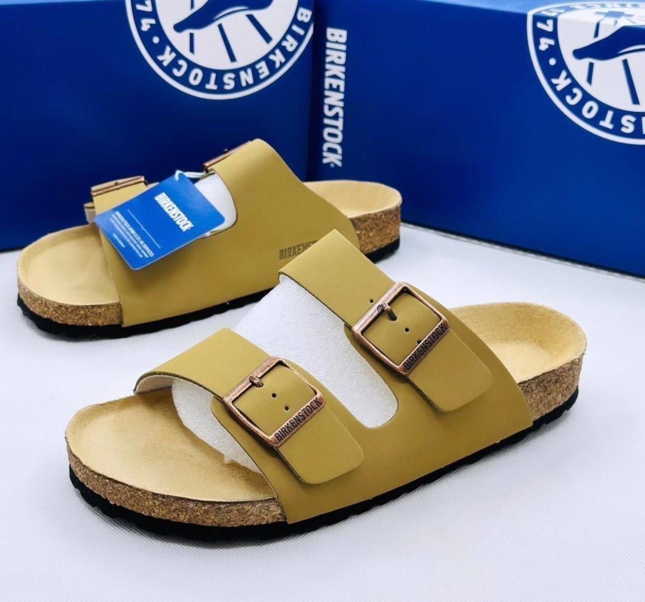 Olive double-strap slides available at The Boss Look