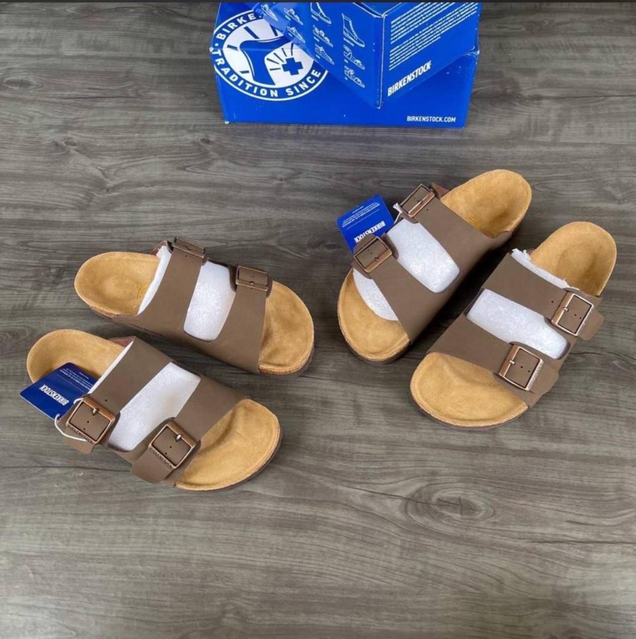 Taupe double-strap slides available at The Boss Look